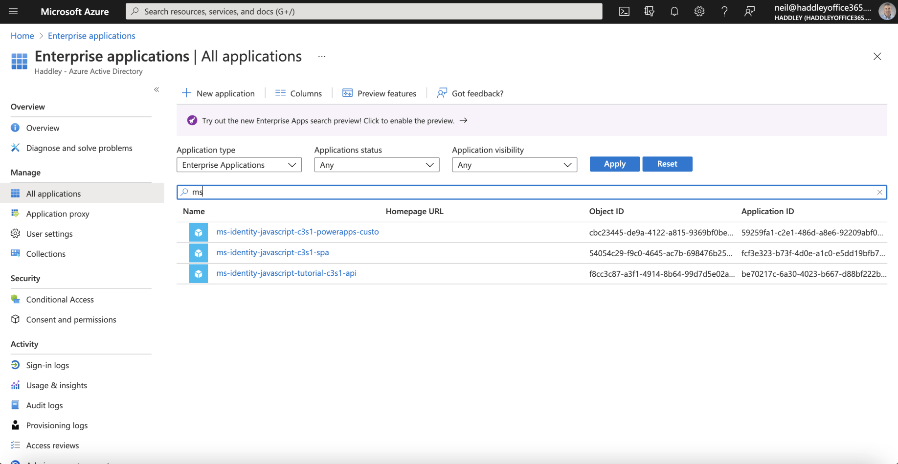 The Service Principal Objects are what you see when you select the Enterprise applications page