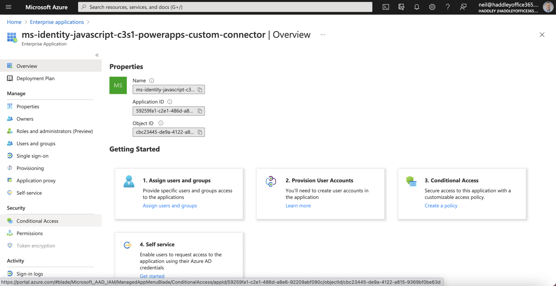 The Custom Connector's Enterprise Application configuration