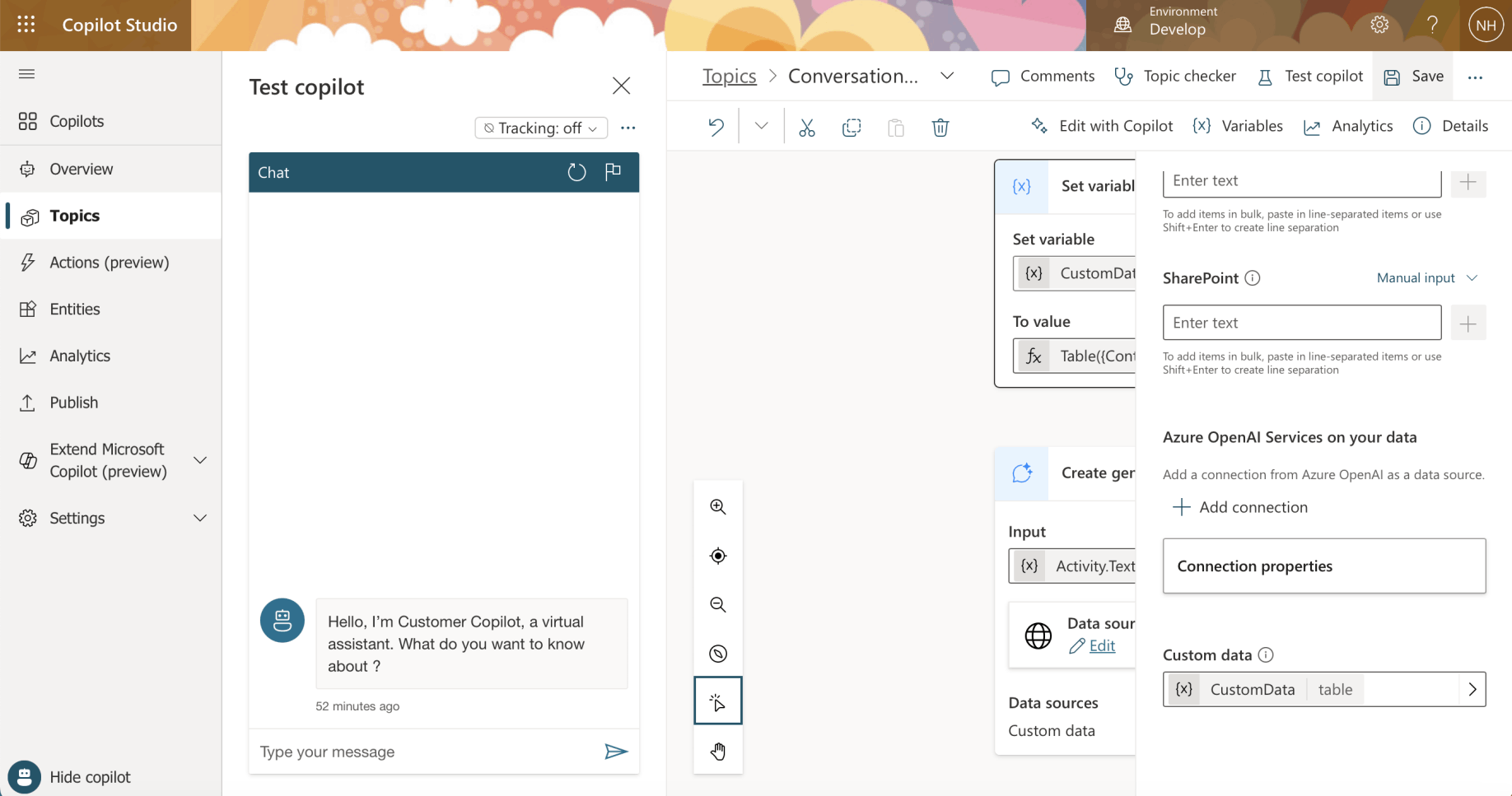 The Custom data datasource was set to the CustomData variable