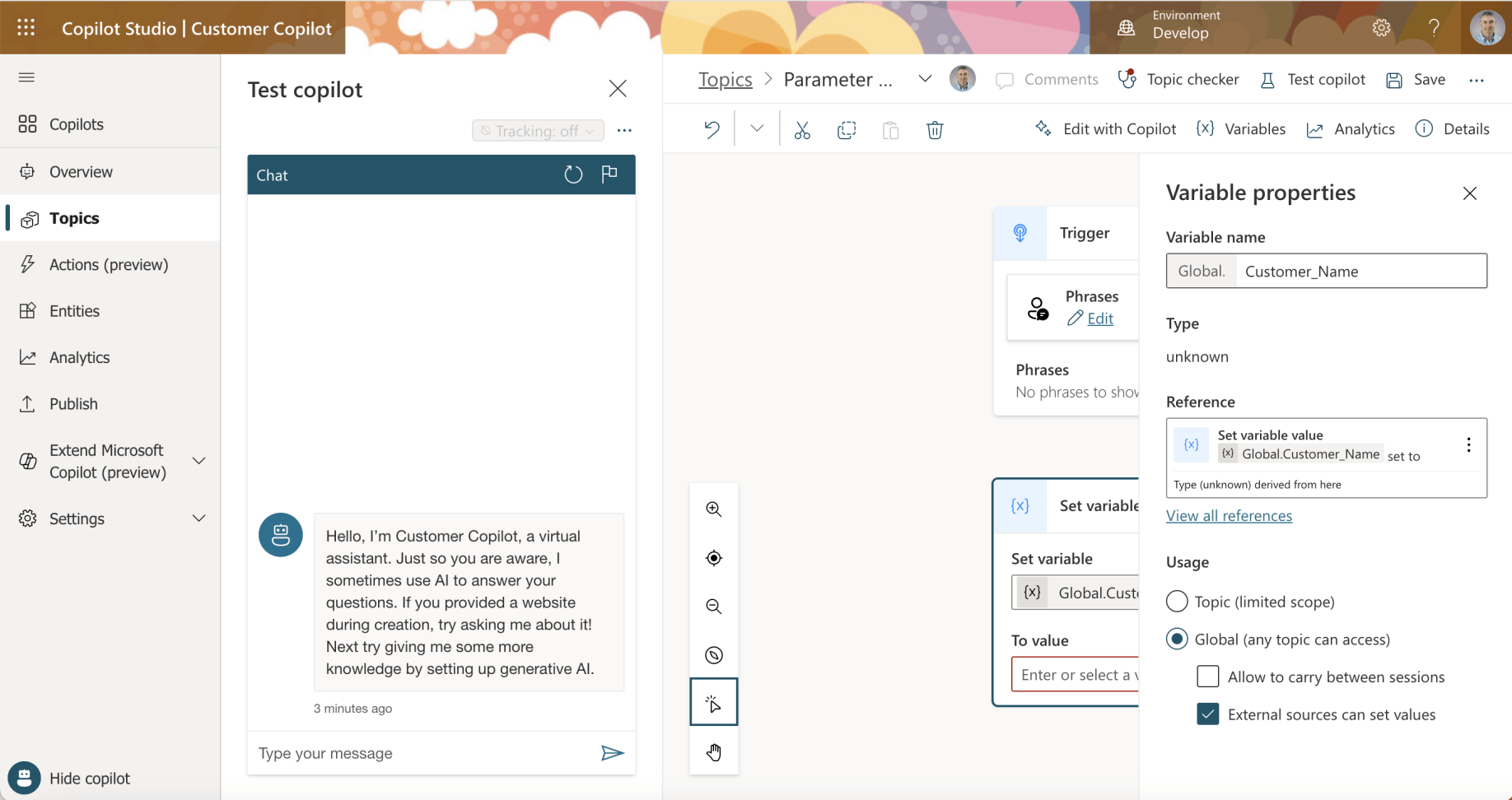 I created a "Customer_Name" Global variable that could be set by an external source (Business Central in this case)