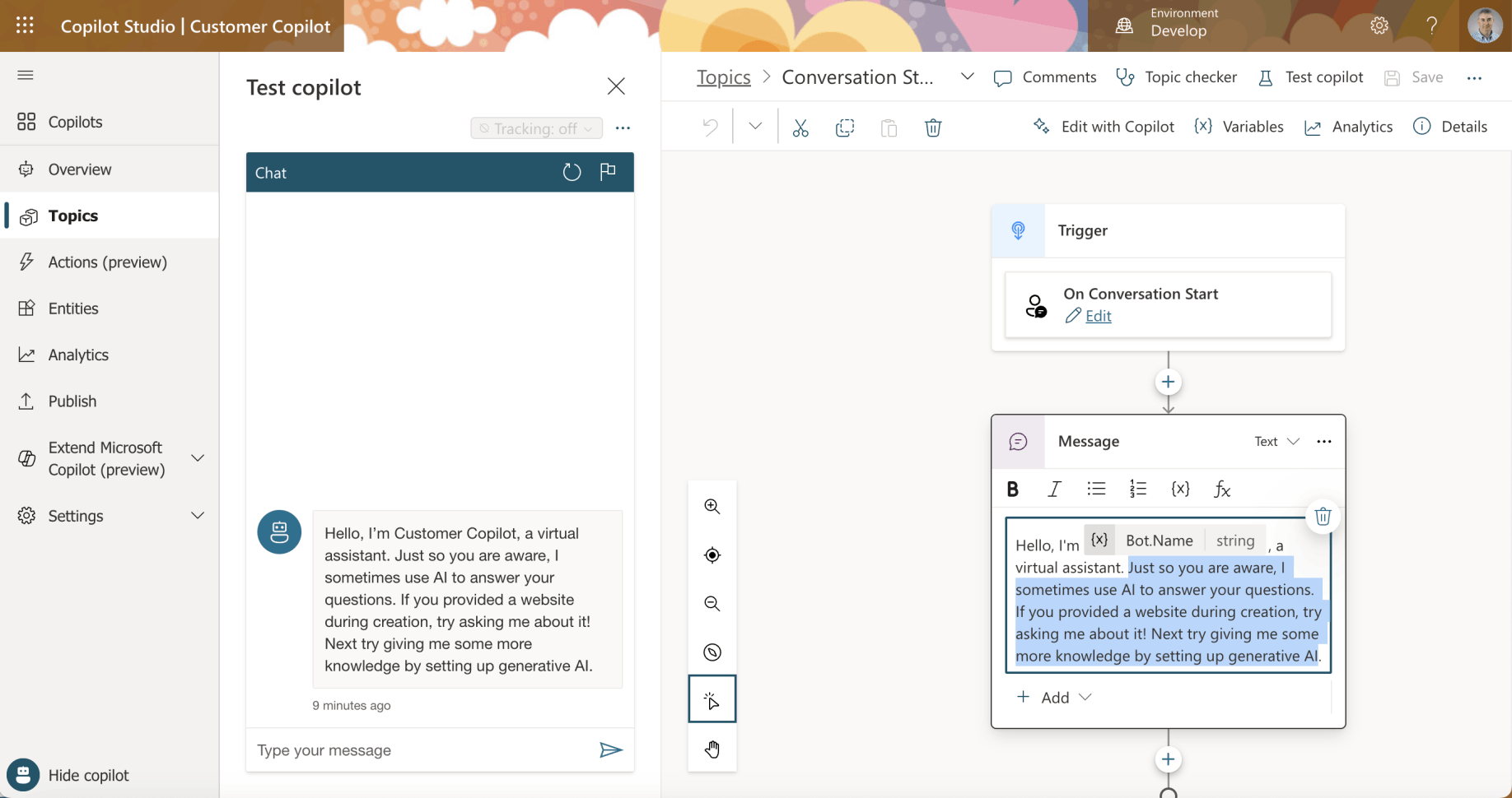 I updated the "Conversation Start" Topic