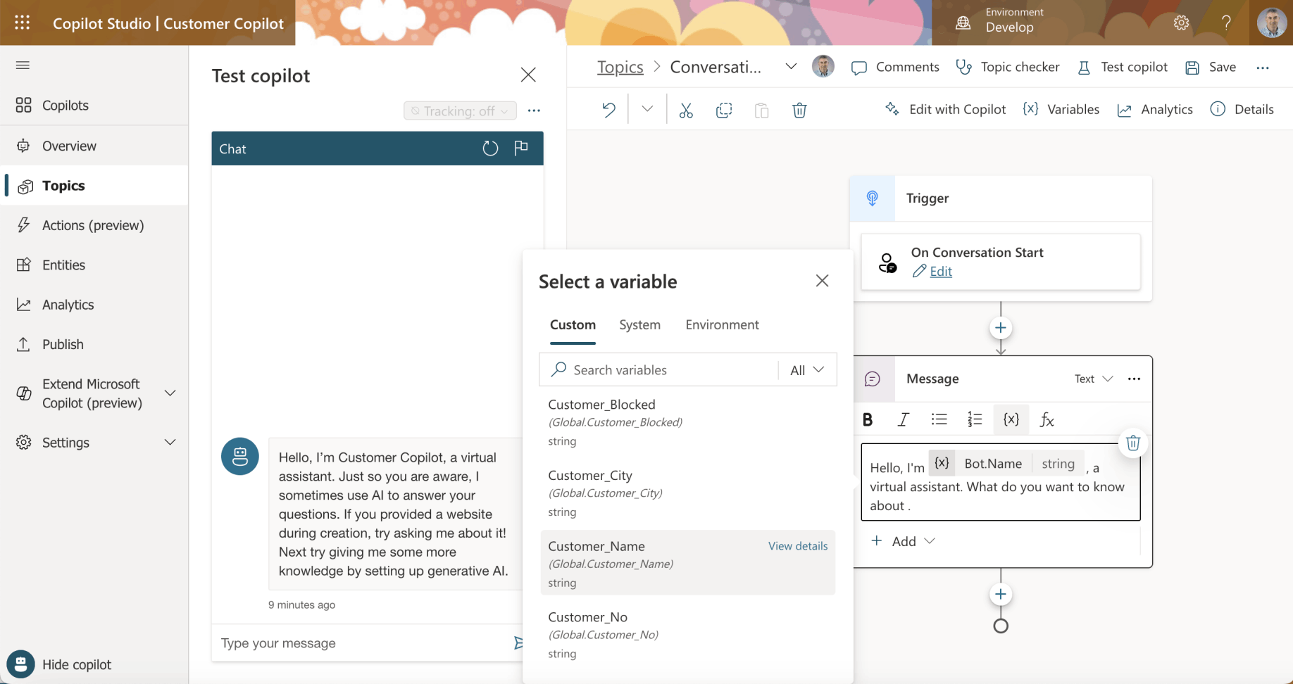 I used the {x} button to insert Global variable values into the Conversation Start action's text