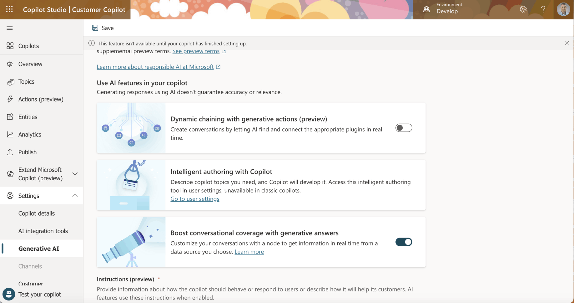 I navigated to the Generative AI tab and enabled the "Boost conversational coverage with generative answers" feature