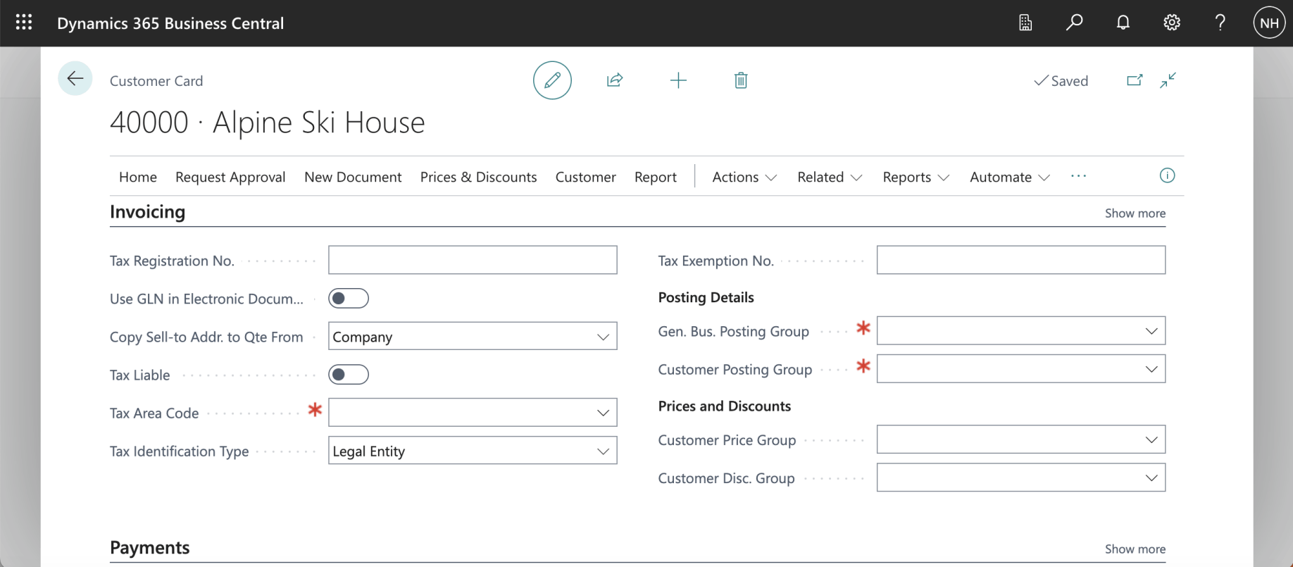 I reviewed the Invoicing tab for the new Customer