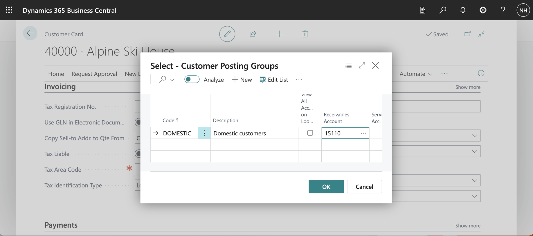 I added code DOMESTIC and set Receivables Account to 15110 (Account Receivable, Domestic)