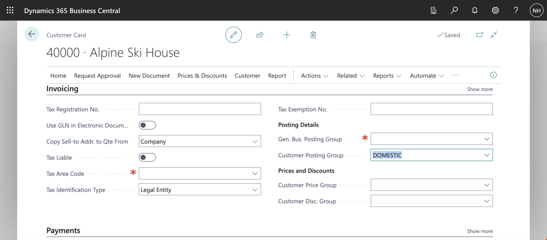 Customer Posting Group is set to DOMESTIC