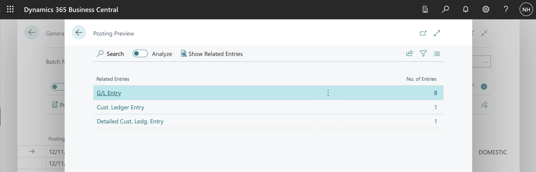 The preview showed 8 General Ledger entries, 1 Customer Ledger entry and 1 Detailed Customer Ledger entry