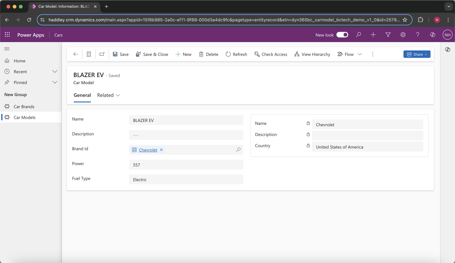A Car Model record can be updated using a Model Driven App Form