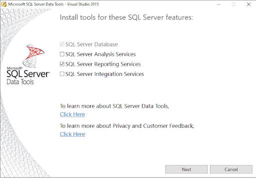I selected the SQL Server Reporting Services checkbox and clicked the Next button