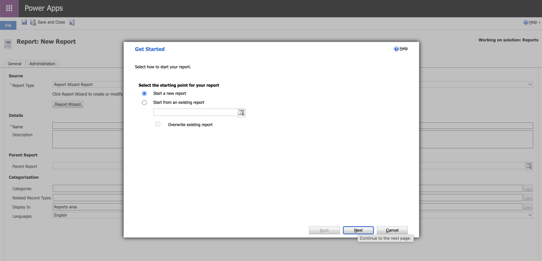 I selected the Start a new report option
