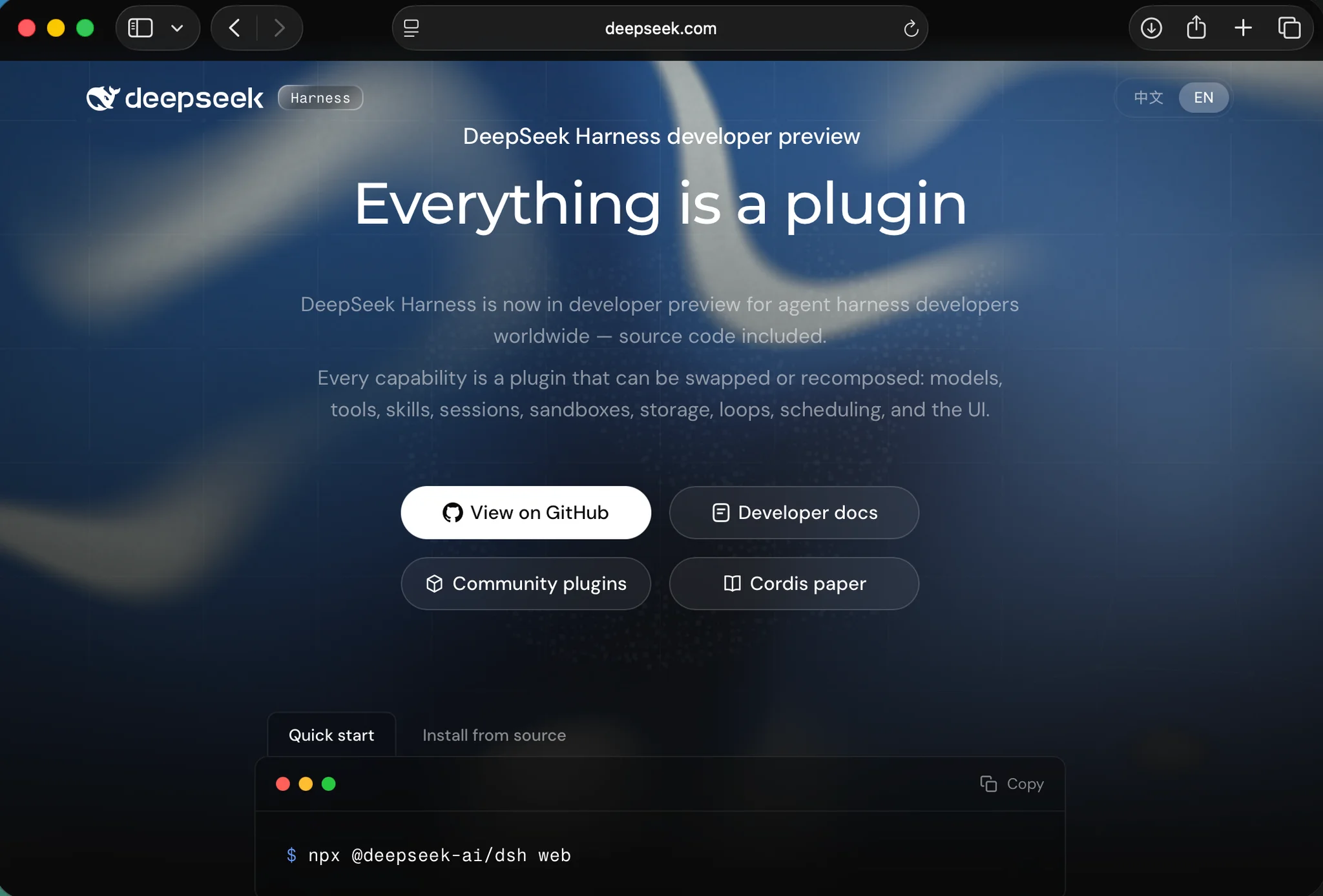 The developer-preview page — "Everything is a plugin" — with the Quick start command ready to copy