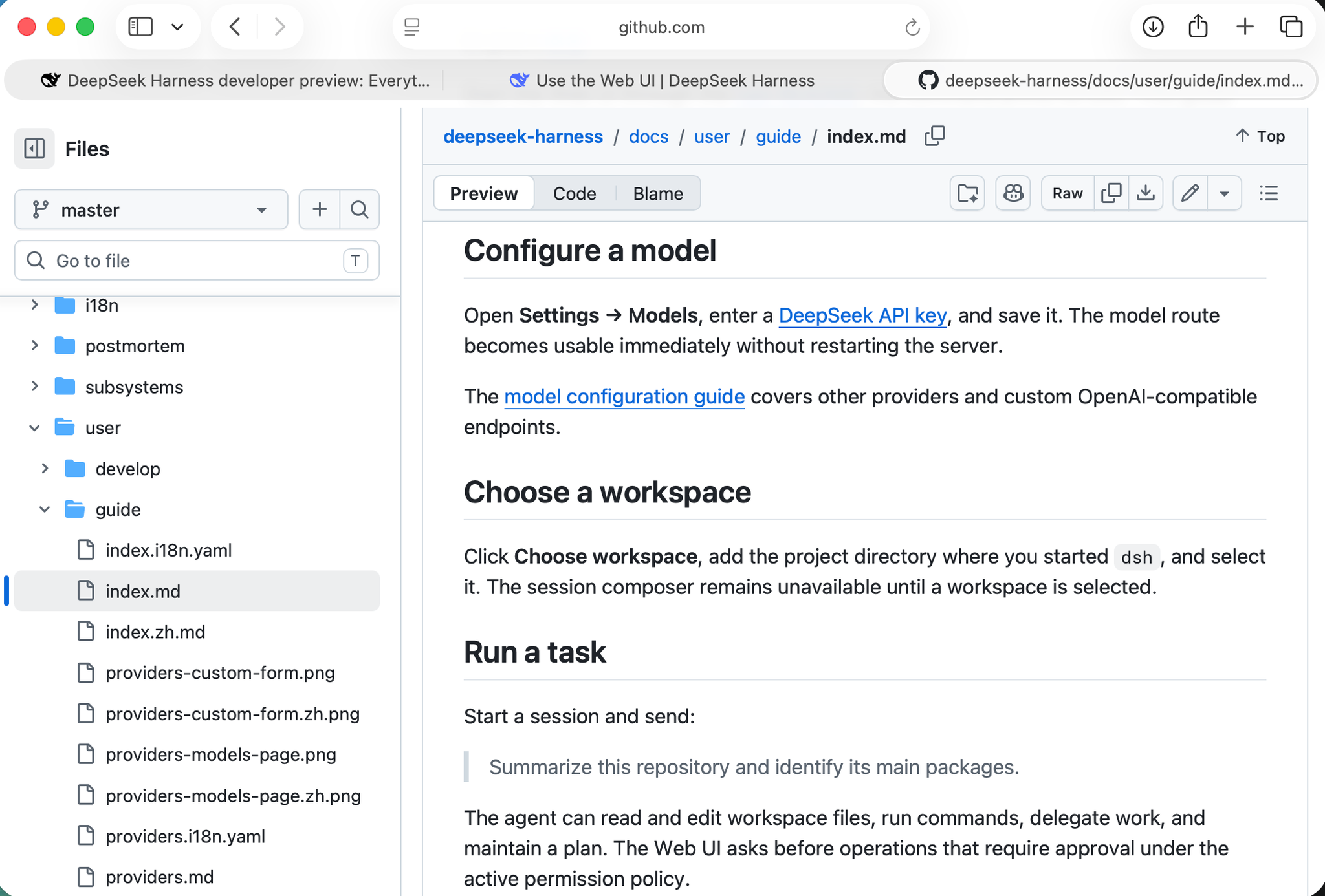 The docs covered configuring a model, choosing a workspace, and running a task