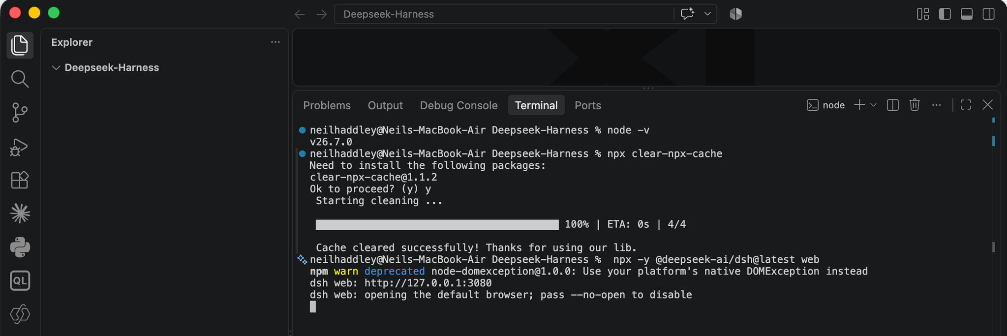 `dsh web` started the server at http://127.0.0.1:3080 and opened the default browser