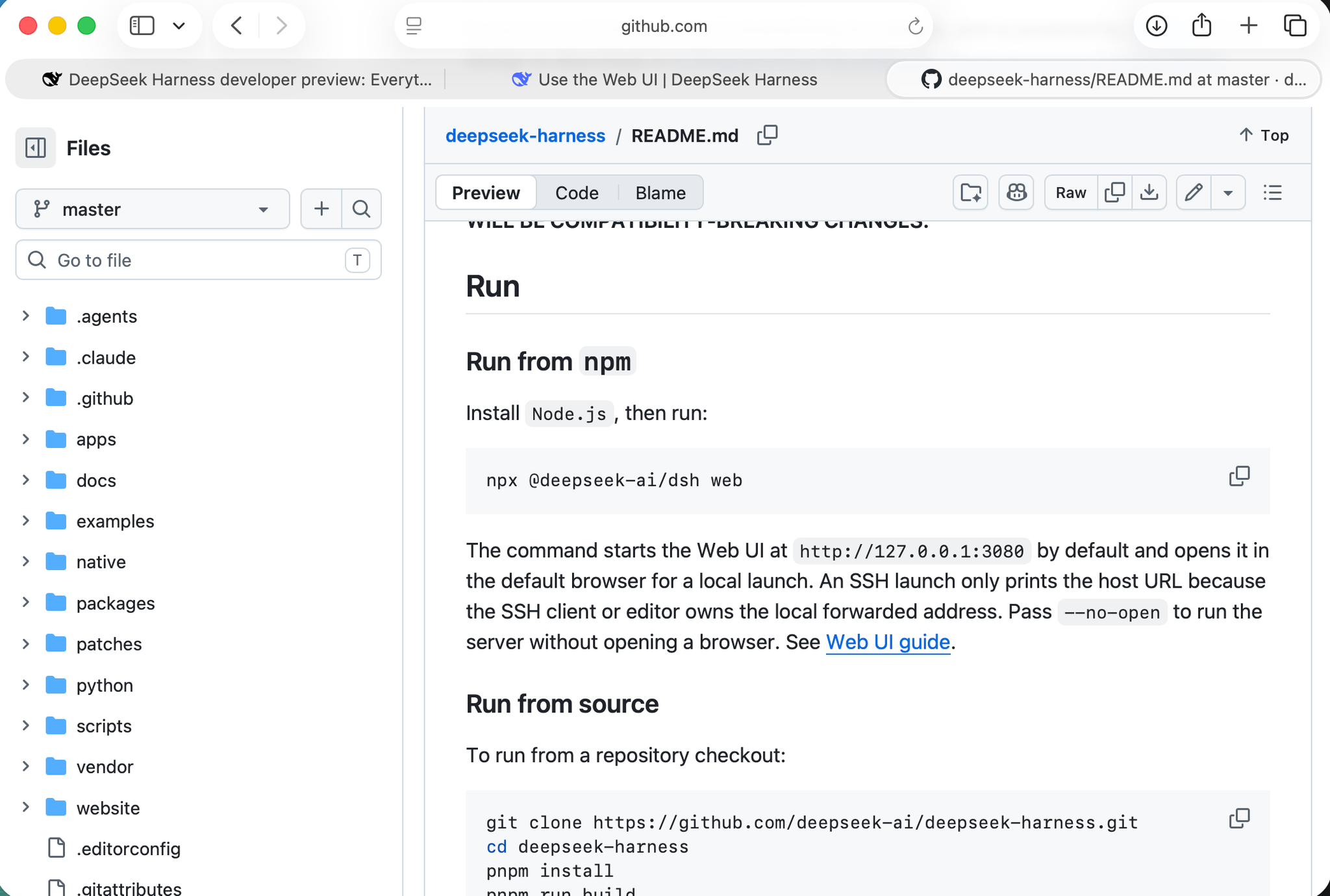 The README confirmed the one-liner and that the Web UI opens at 127.0.0.1:3080 by default