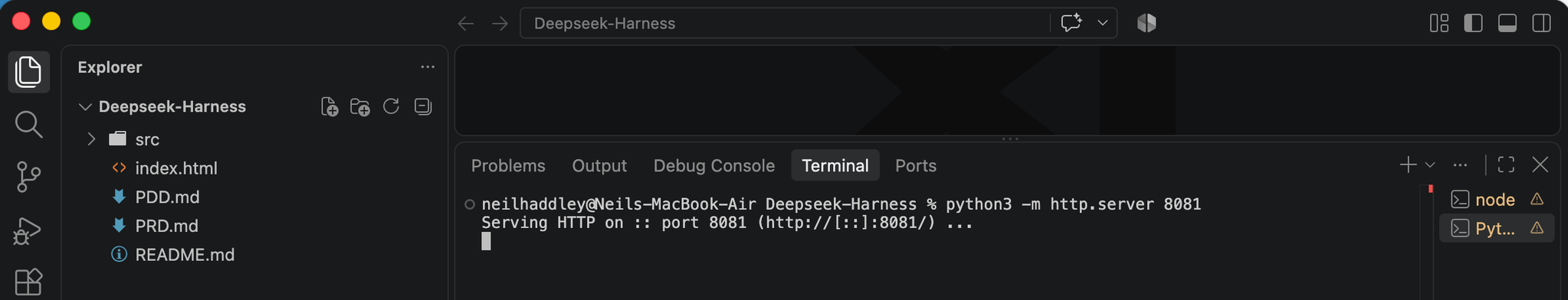 I served the project with python3 -m http.server 8081 — the explorer shows the PRD, PDD, index.html, and the src folder the agent built