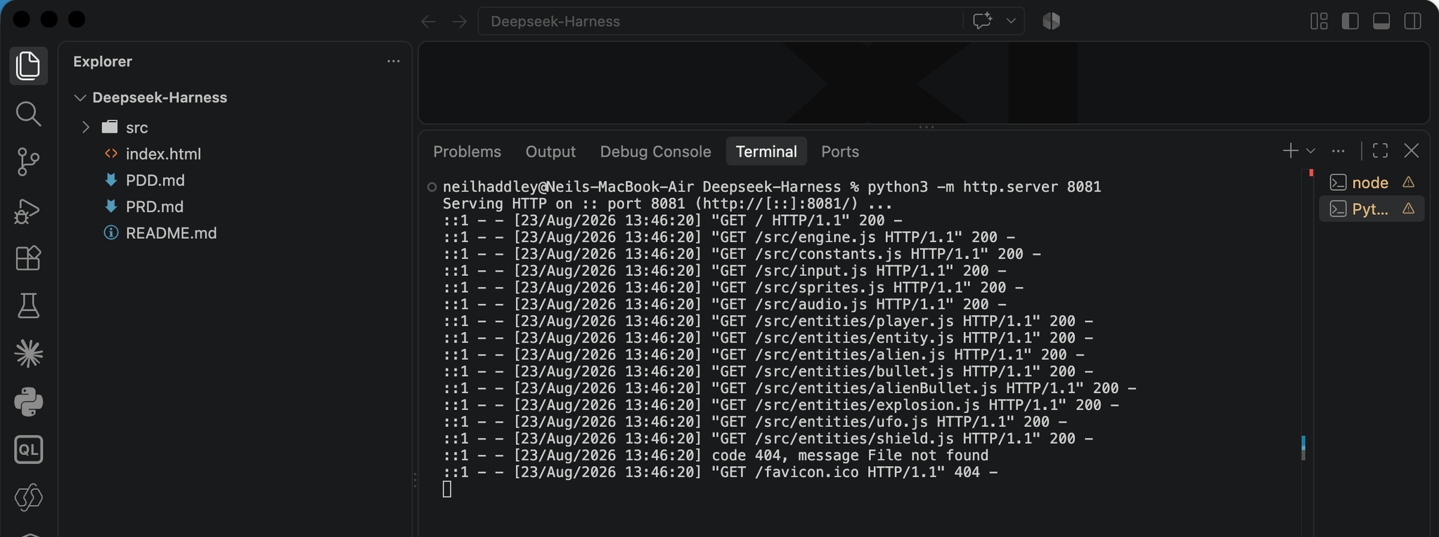 The server served every src module with a 200, and only the unused favicon.ico 404'd