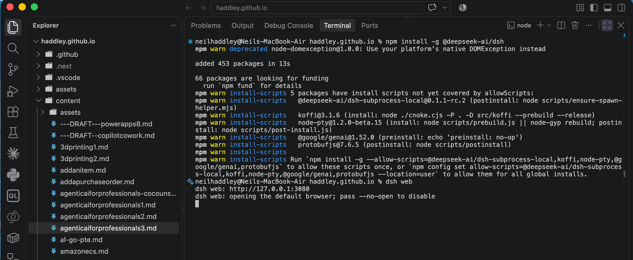 I installed the package globally, then ran `dsh web`