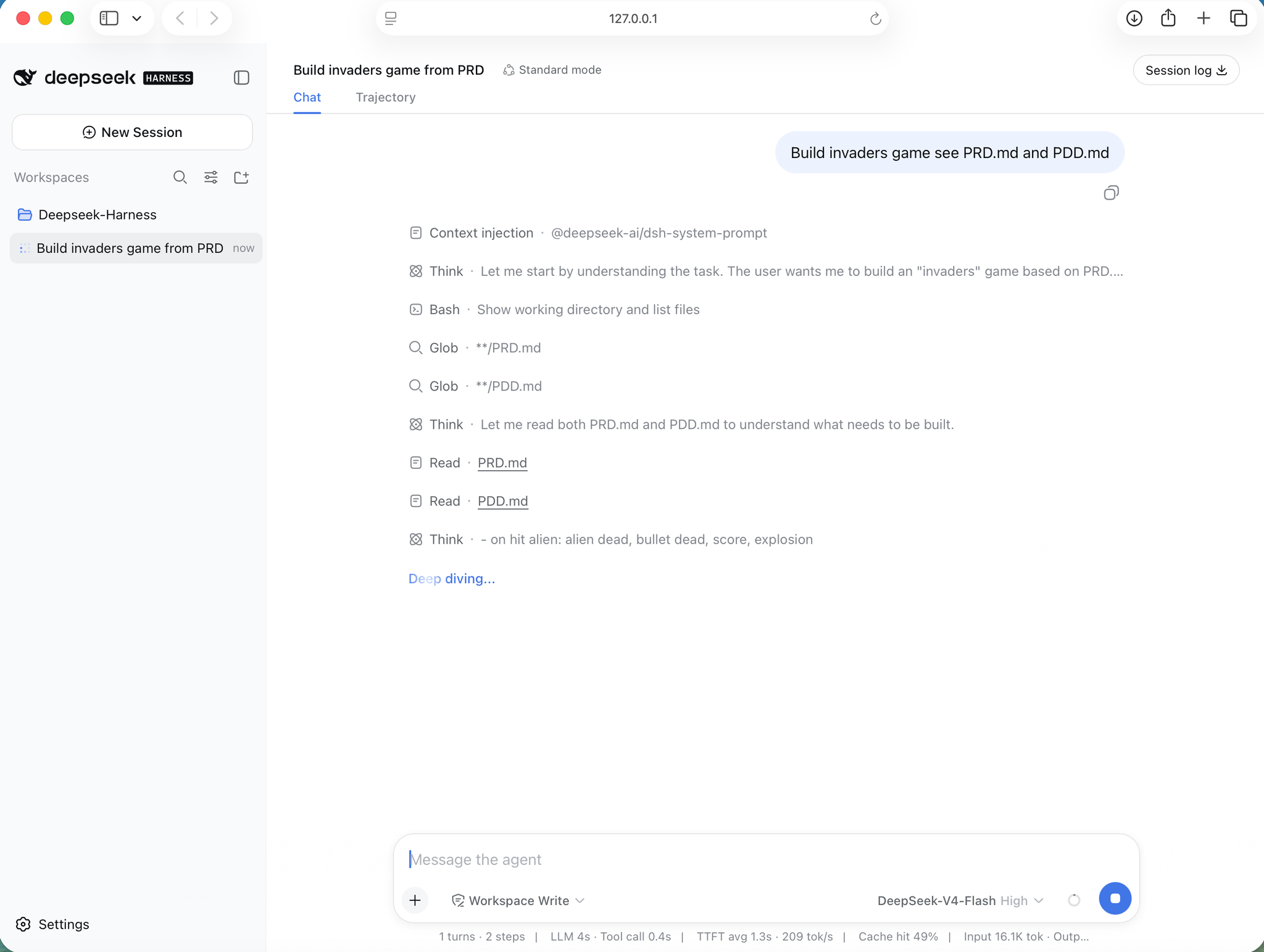 I started the session and the agent set about reading both documents before building anything