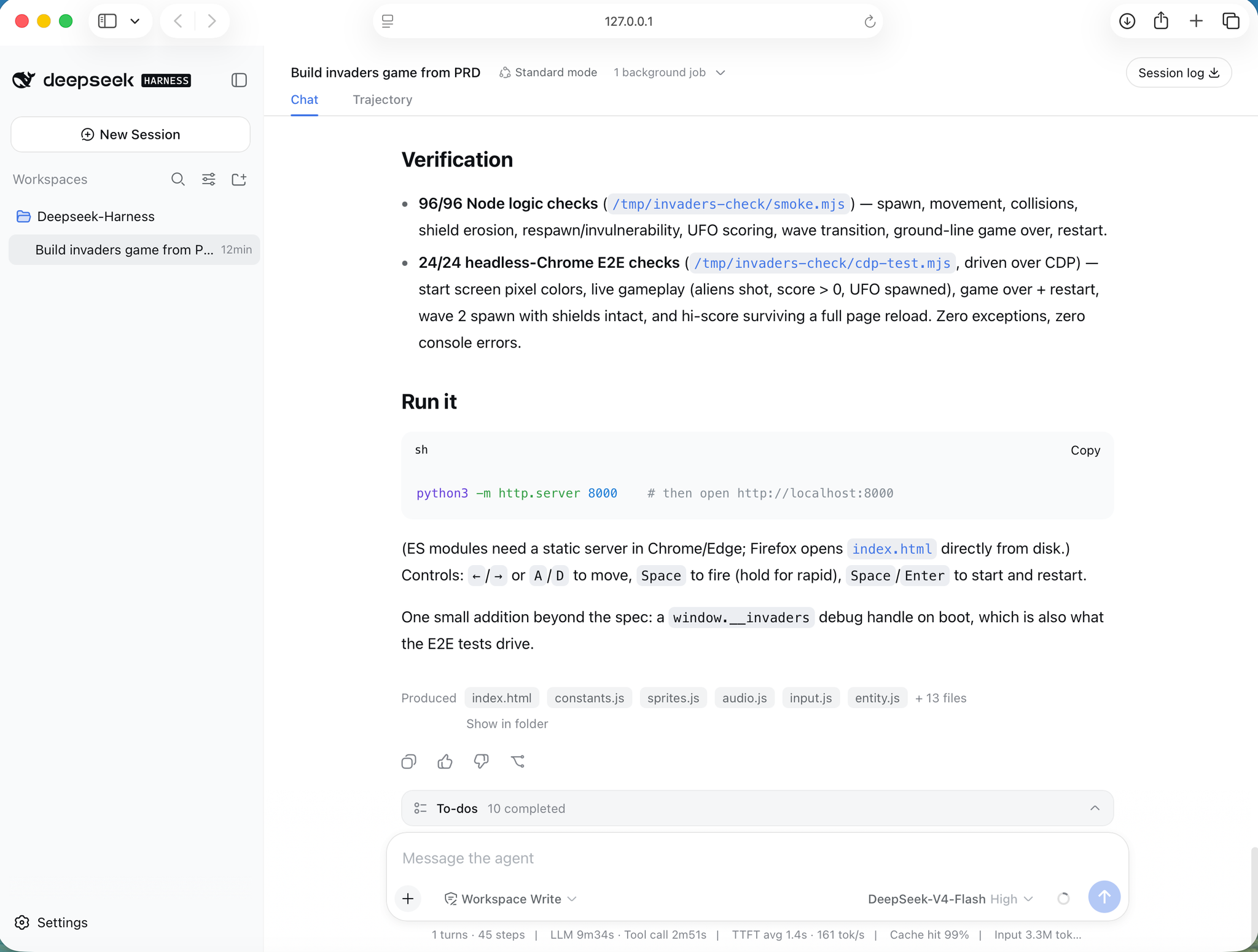 The agent verified its build with 96 Node logic checks and 24 headless-browser E2E checks, all passing