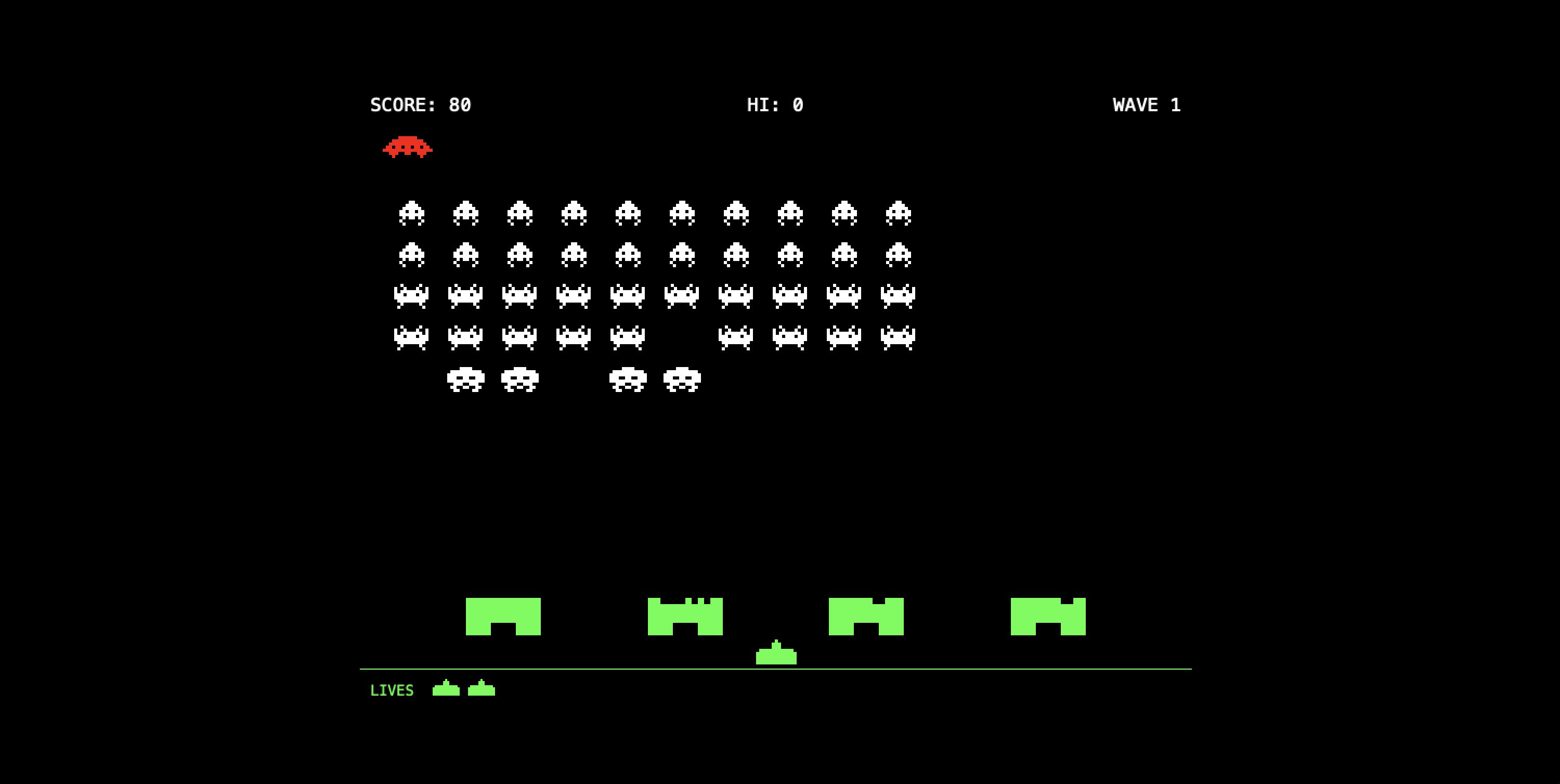 The game qwen3-coder:30b built, running in my browser: score 80, the UFO overhead, a few aliens down, and one life already lost