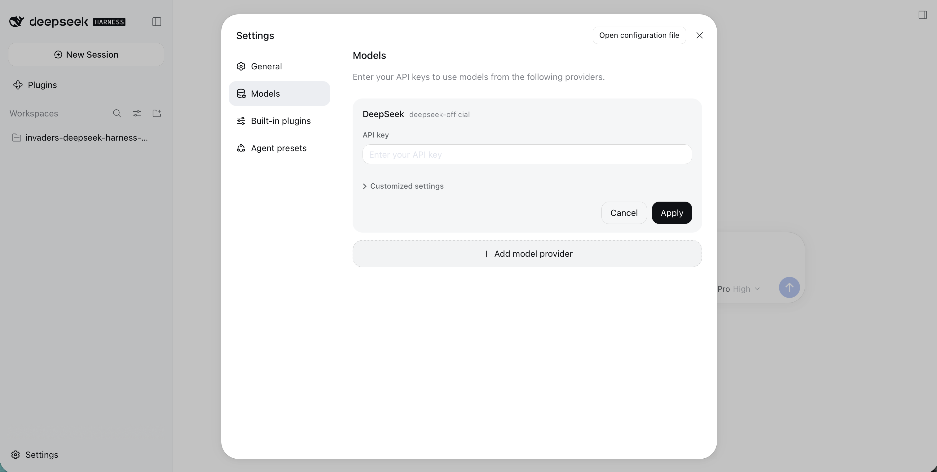 Settings → Models listed only the official DeepSeek provider; I left its API key empty and went to "Add model provider"