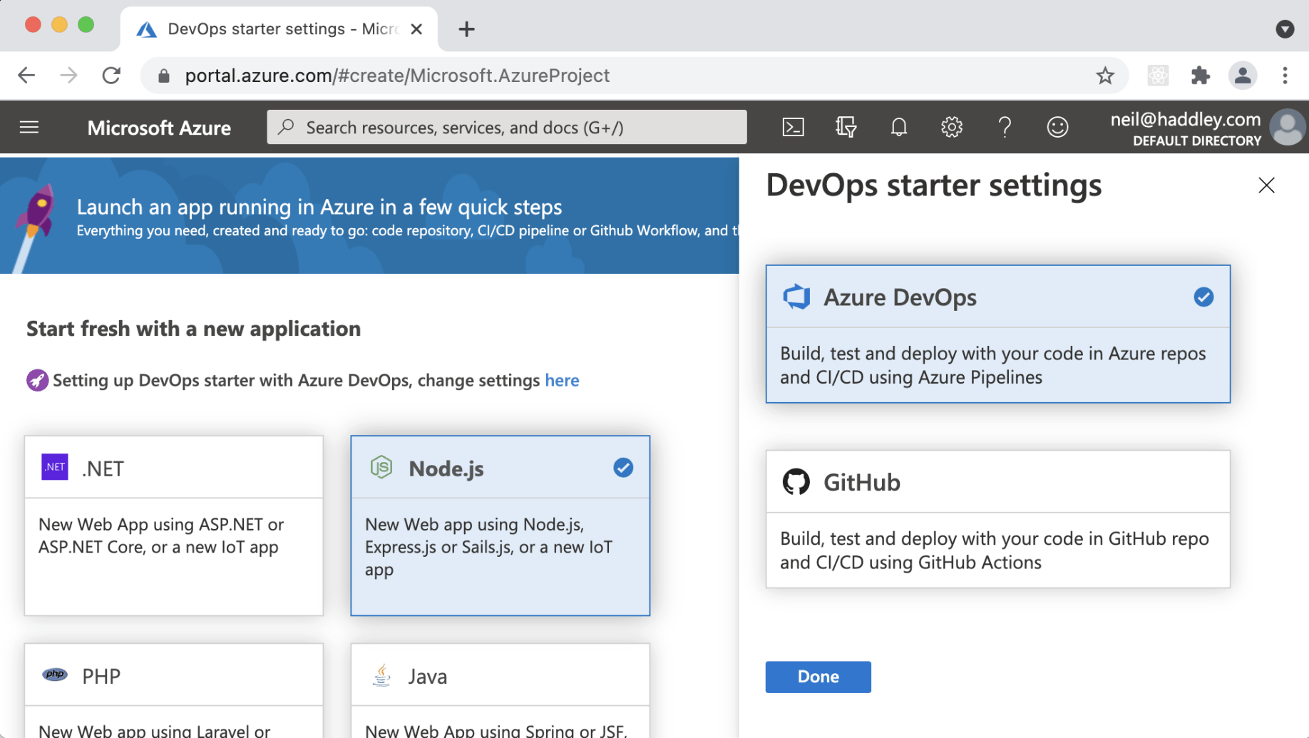 Select Azure DevOps and Node