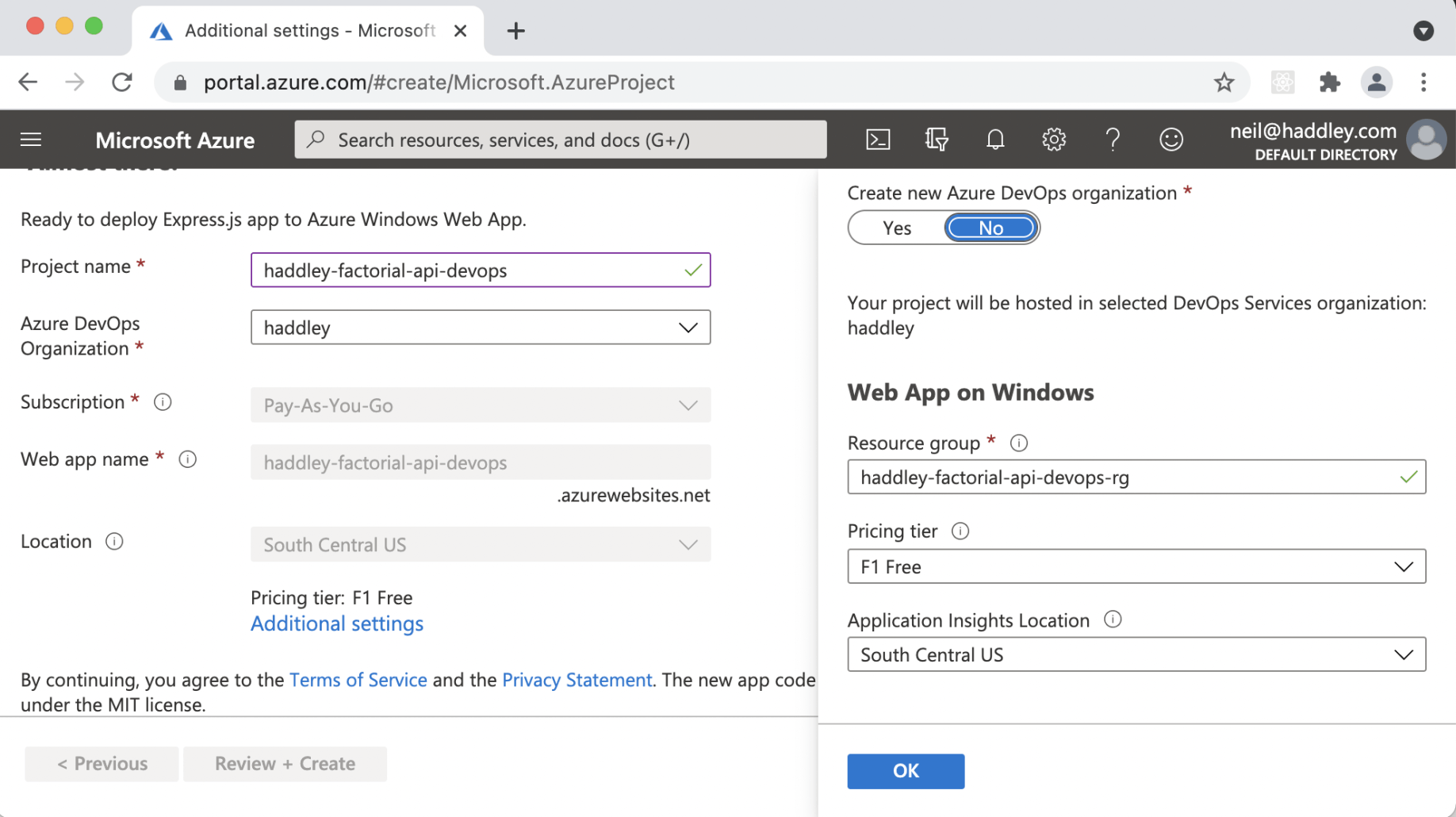 Web App on Windows can be used with Pricing tier "F1 Free"