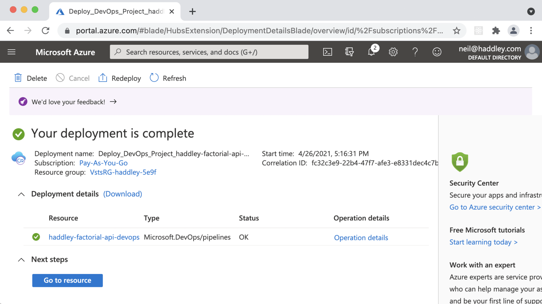 Azure resources have been deployed