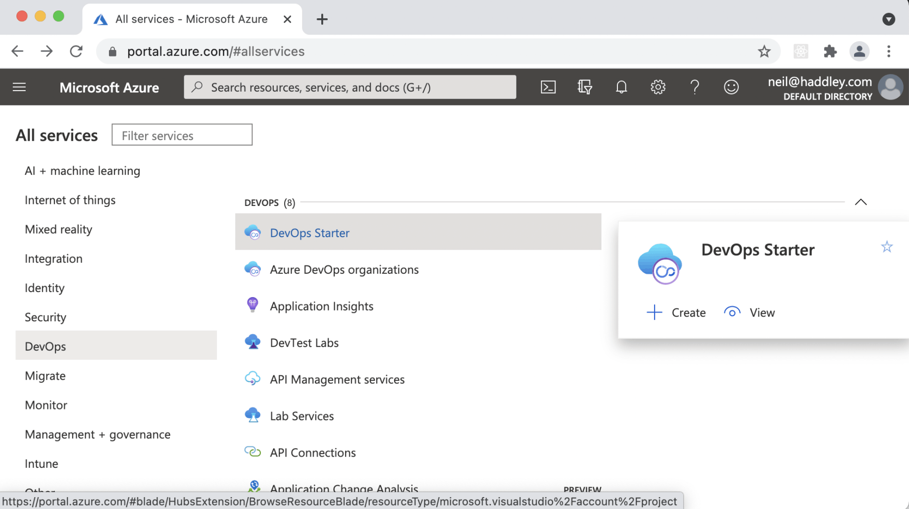 Select "DevOps Starter" in Azure Portal