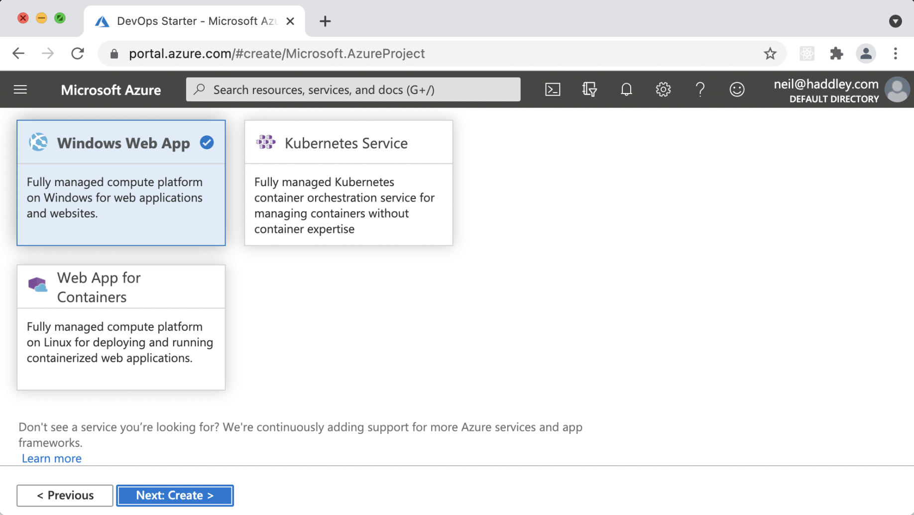 Select Web App for Containers or Windows Web App (free $)