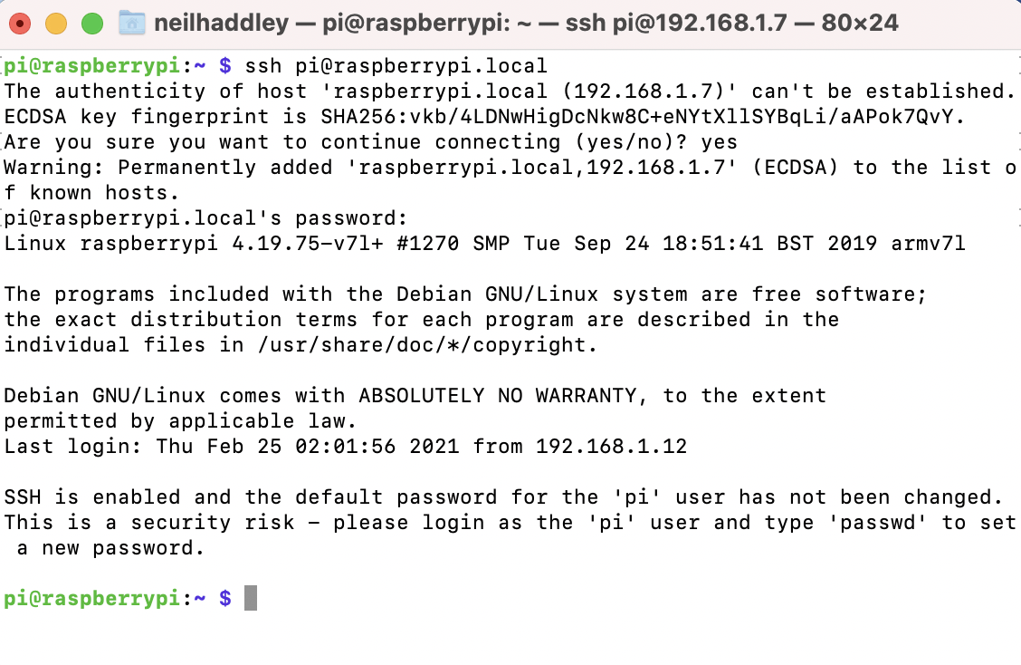 using ssh to logon to the raspberry pi
