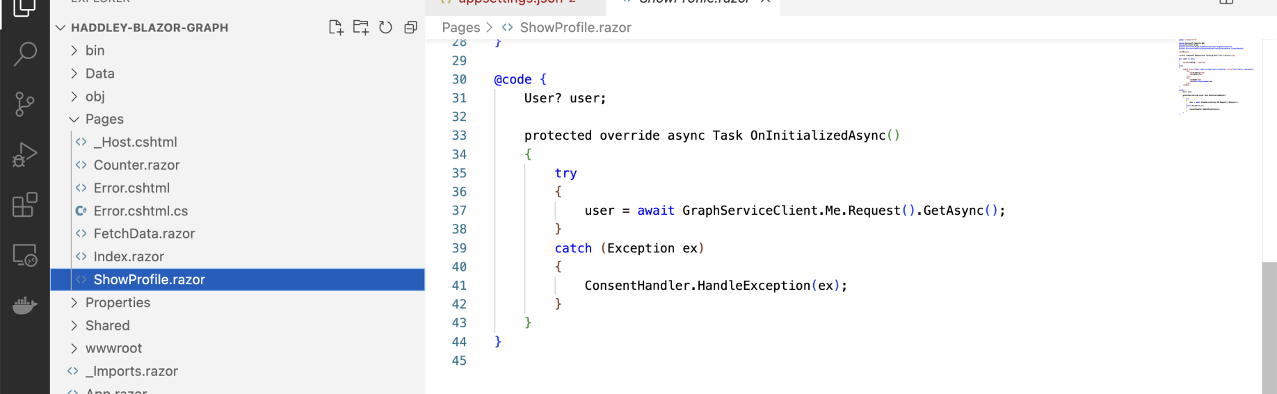 Key move is call to injected GraphServiceClient (to access Microsoft Graph)
