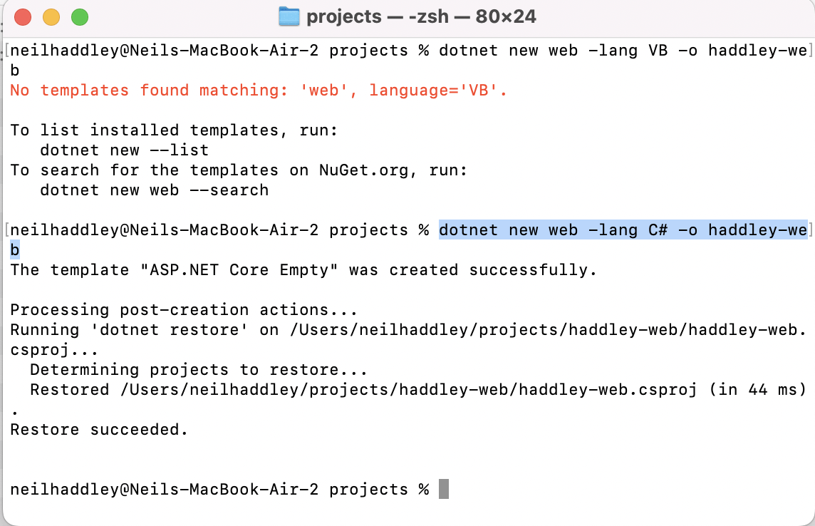 I ran dotnet new web -lang C# -o haddley-web (which works)