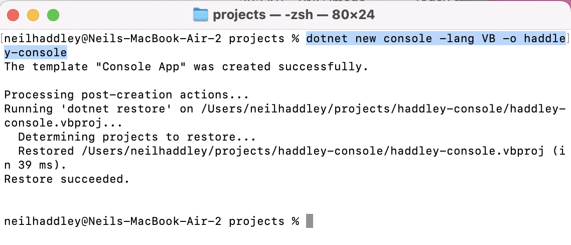 I ran dotnet new console -lang VB -o haddley-console