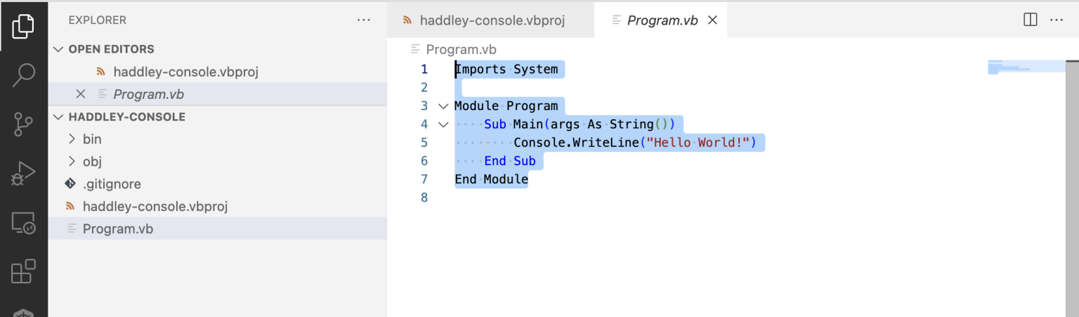 I updated the Program.vb code from "Console.WriteLine(...)"