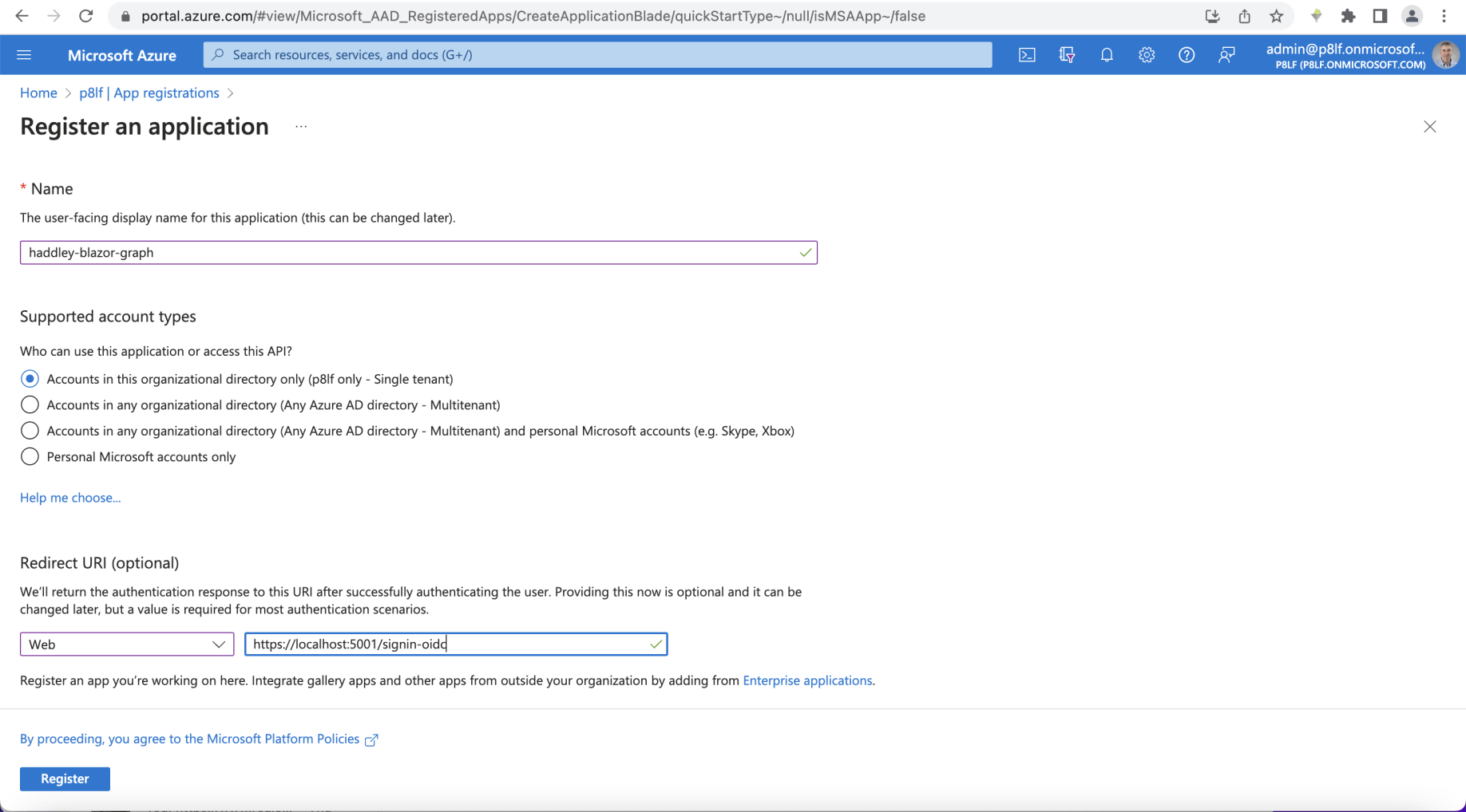 redirect uri set to localhost...