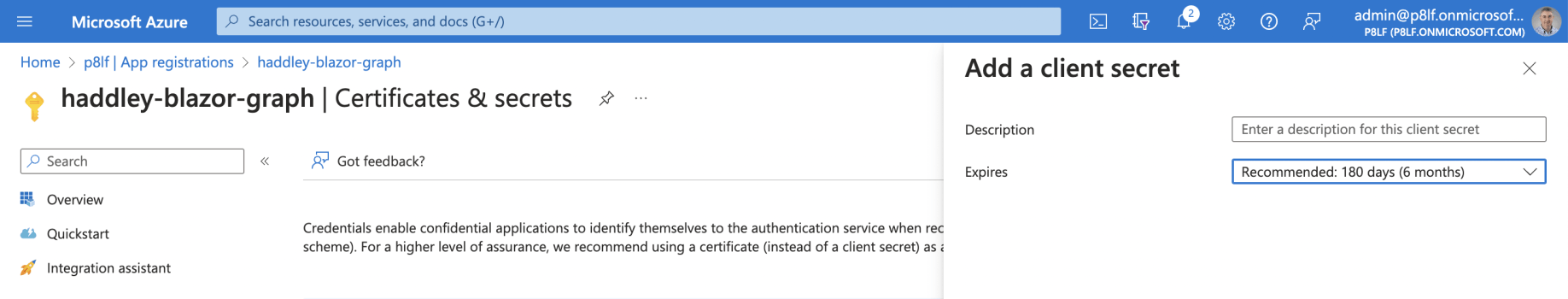 Secret will be valid for 180 days