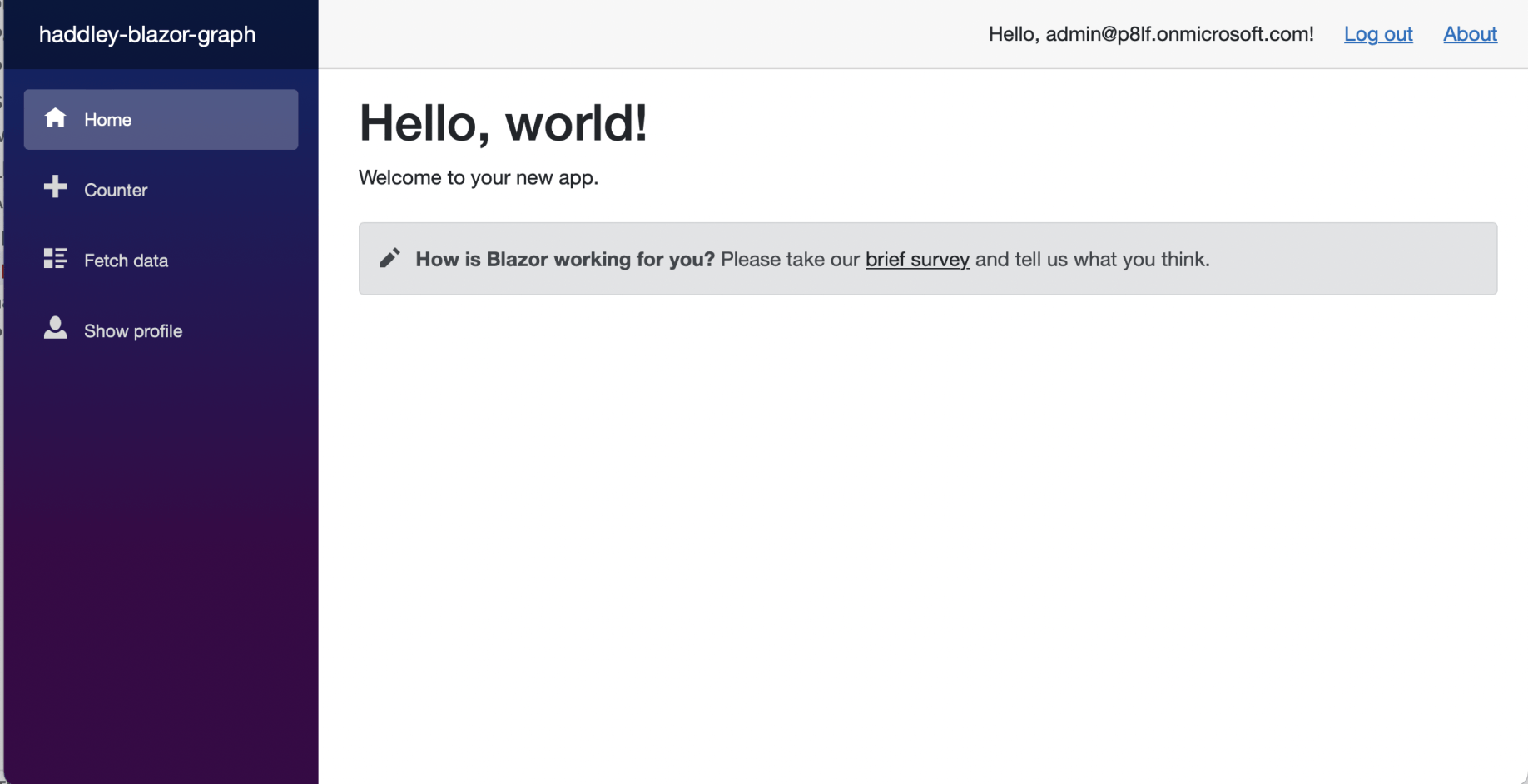 The generated Blazor Server app (includes integration with Azure Active Directory and Microsoft Graph)