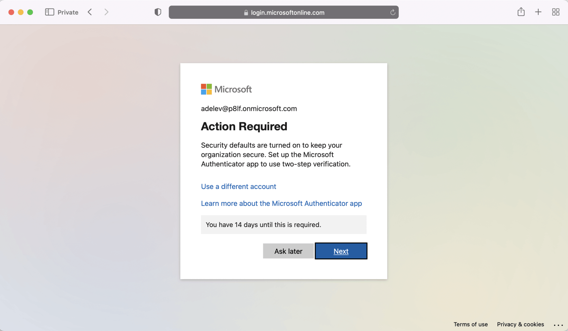 I skipped Multi factor authentication (for now)
