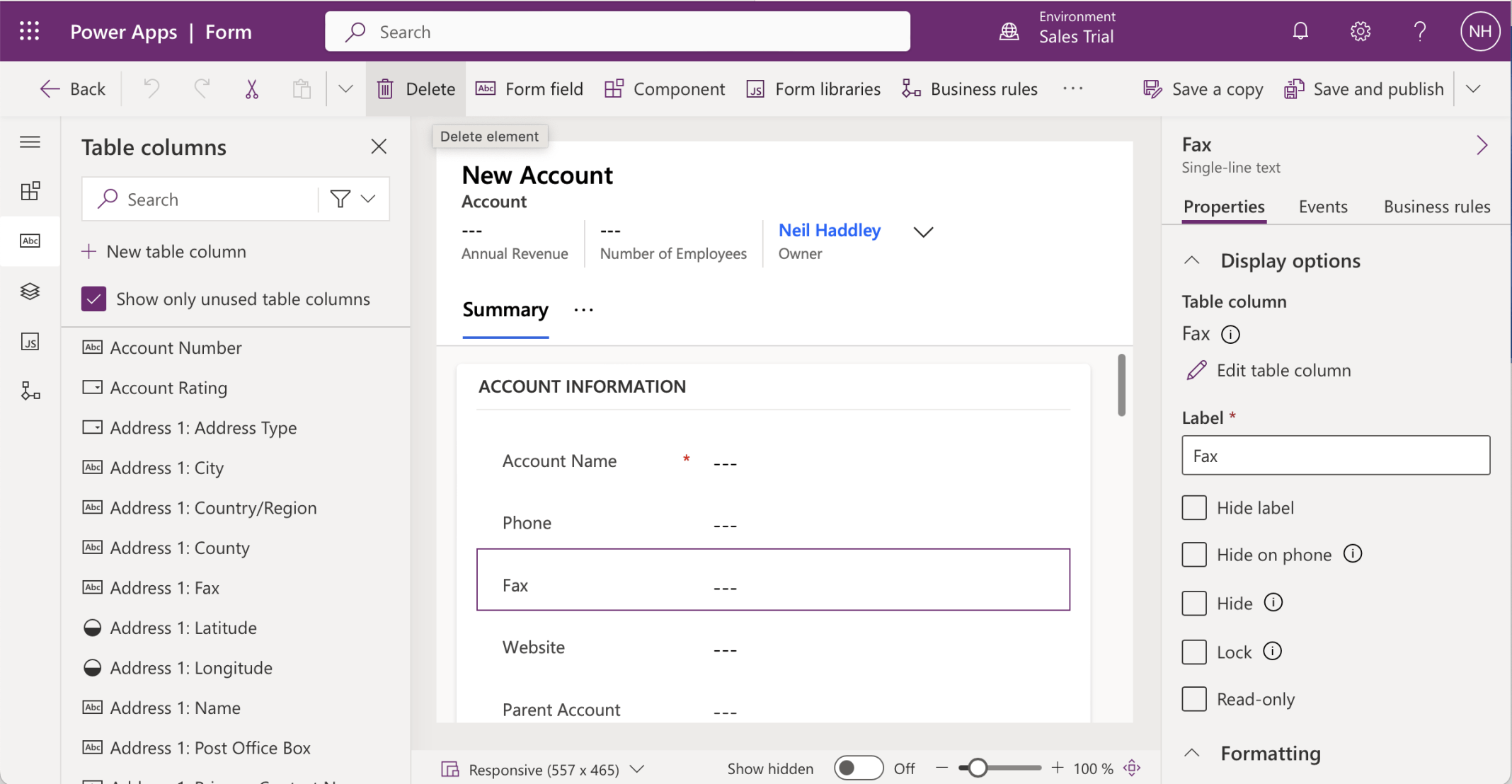 I deleted the Fax element from the Account|Sales Insights form