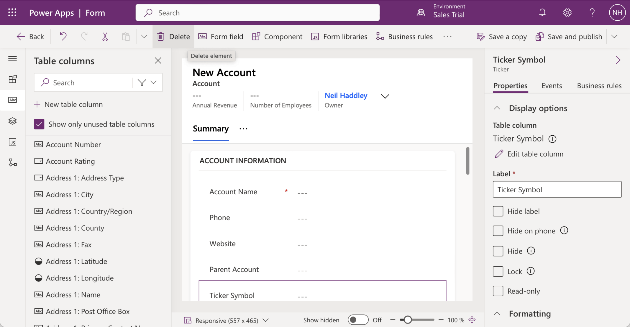 I deleted the Ticker Symbols element from the Account|Sales Insights form