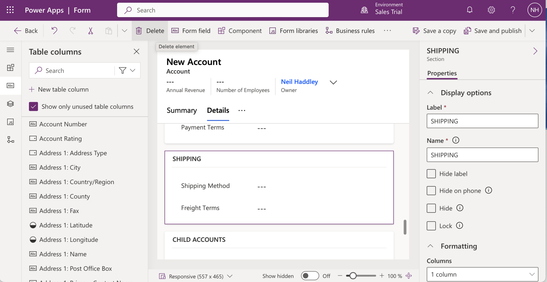 I deleted the Shipping section from the Details tab of the Account|Sales Insights form