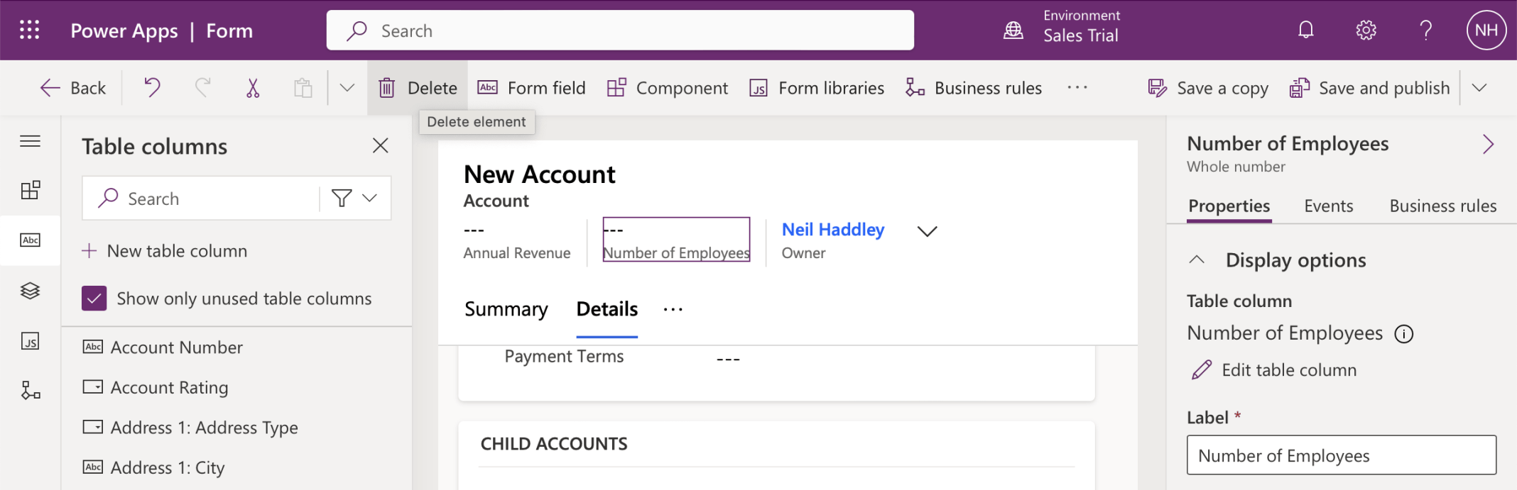 I deleted the Number of Employees element from the Account|Sales Insights form
