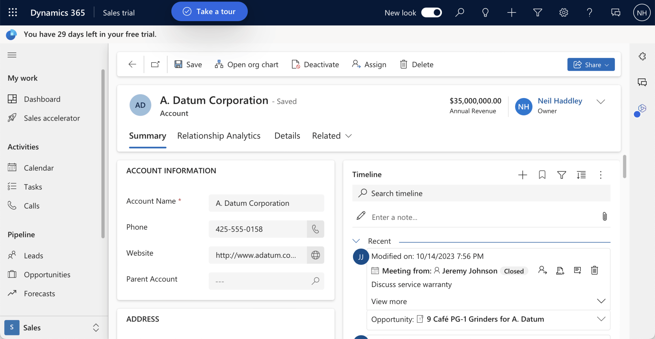 I returned to the Sales App https://haddley-sales-trial.crm.dynamics.com to review the changes