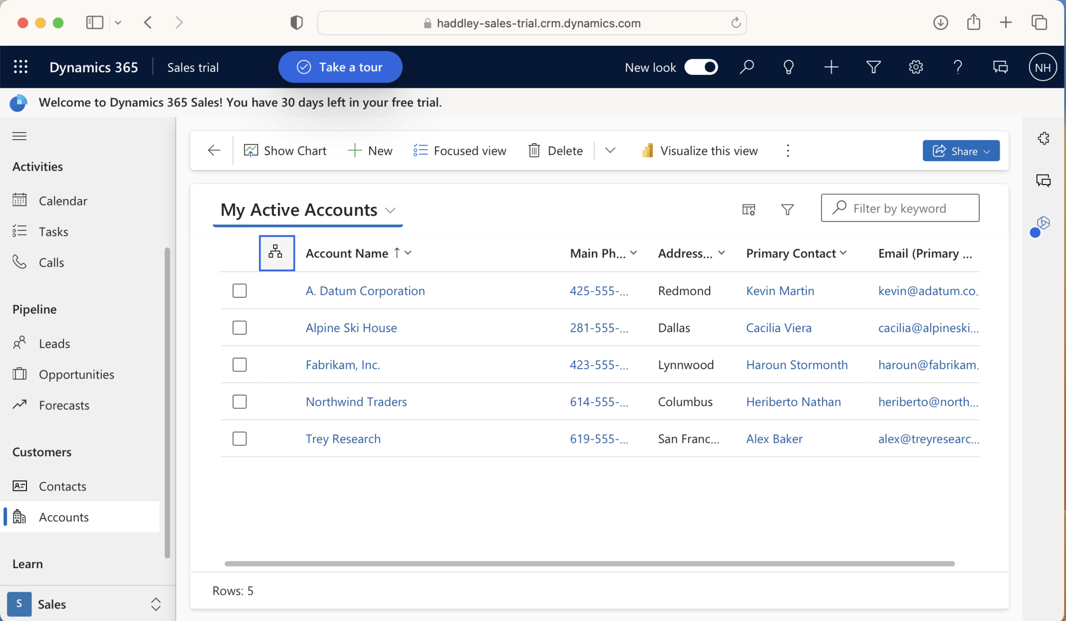 By default the Accounts page in the Sales app displays the Account|My Active Accounts view