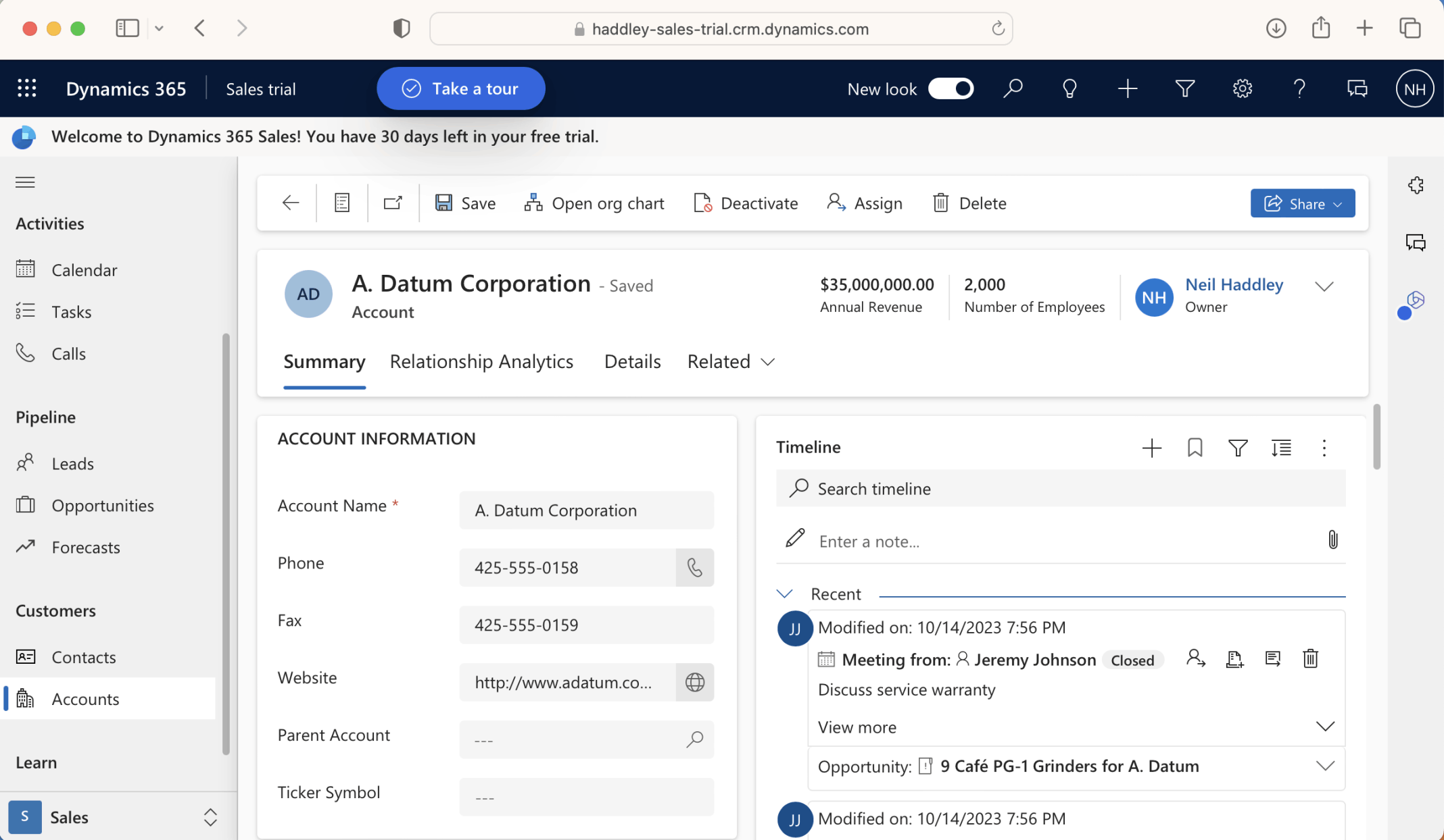 Clicking on an Account in the Account|My Active Accounts view opens the Account|Sales Insights Form