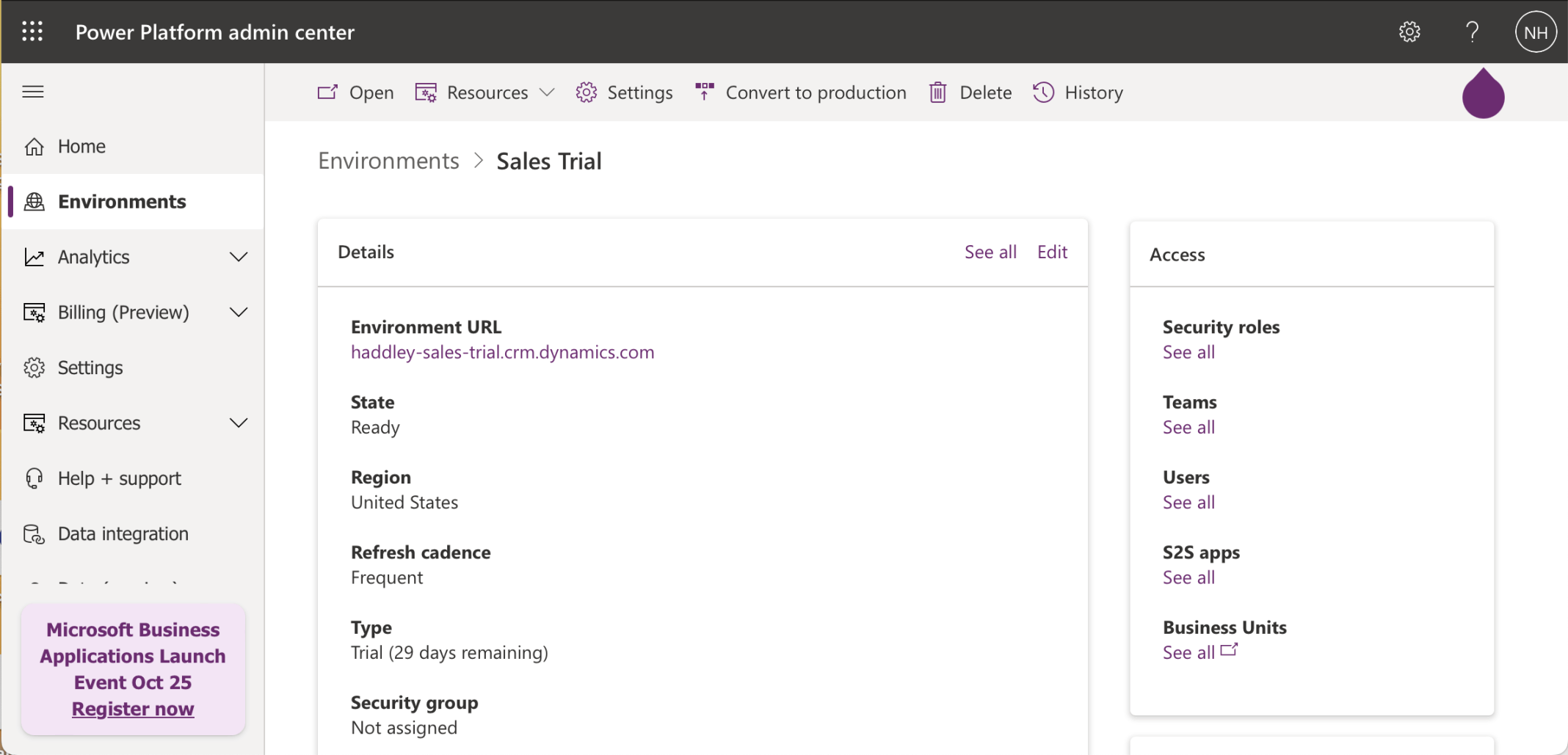 The Sales Trial environment https://haddley-sales-trial.crm.dynamics.com