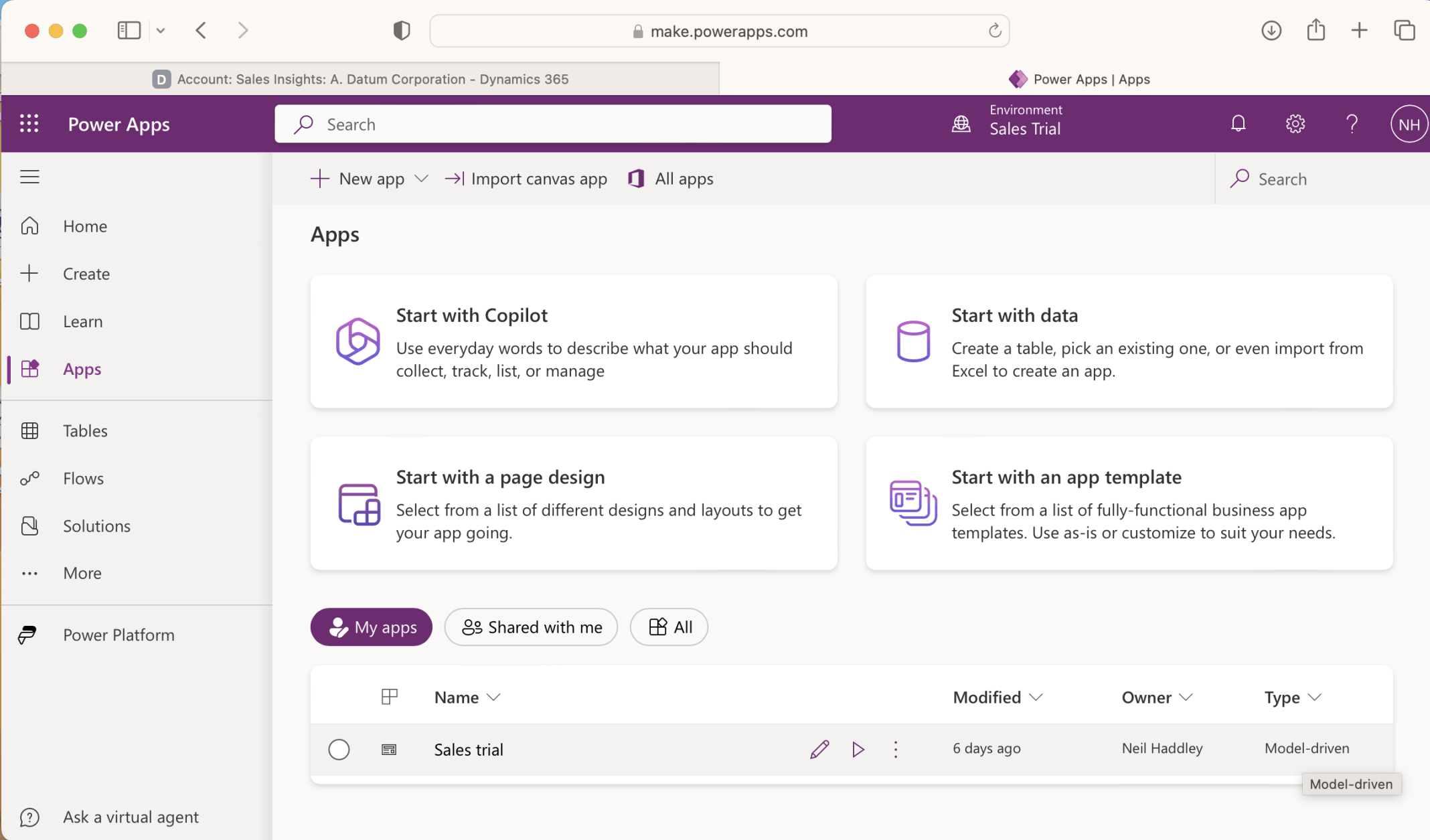To customize the "Sales Insights" form I navigated to https://make.powerapps.com and selected the the "Sales Trial" environment