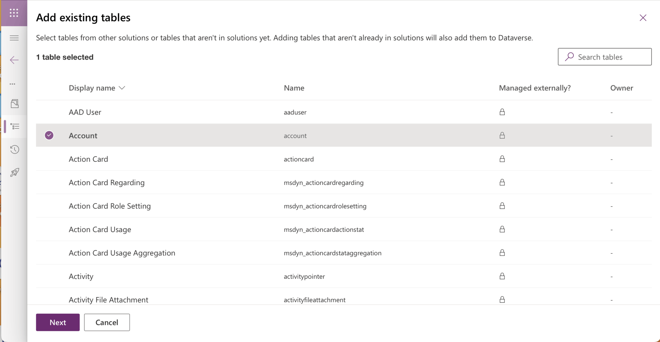 I added the (existing) Account table