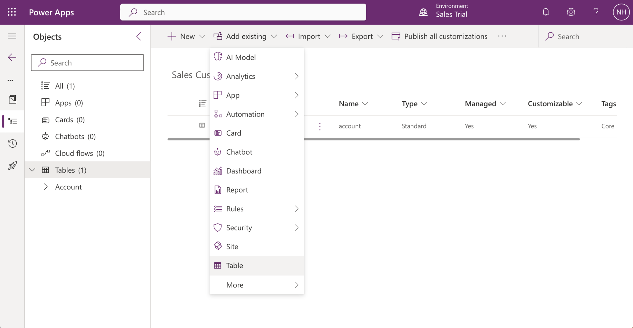 I wanted to add the (existing) Opportunity table to my Sales Customizations solution